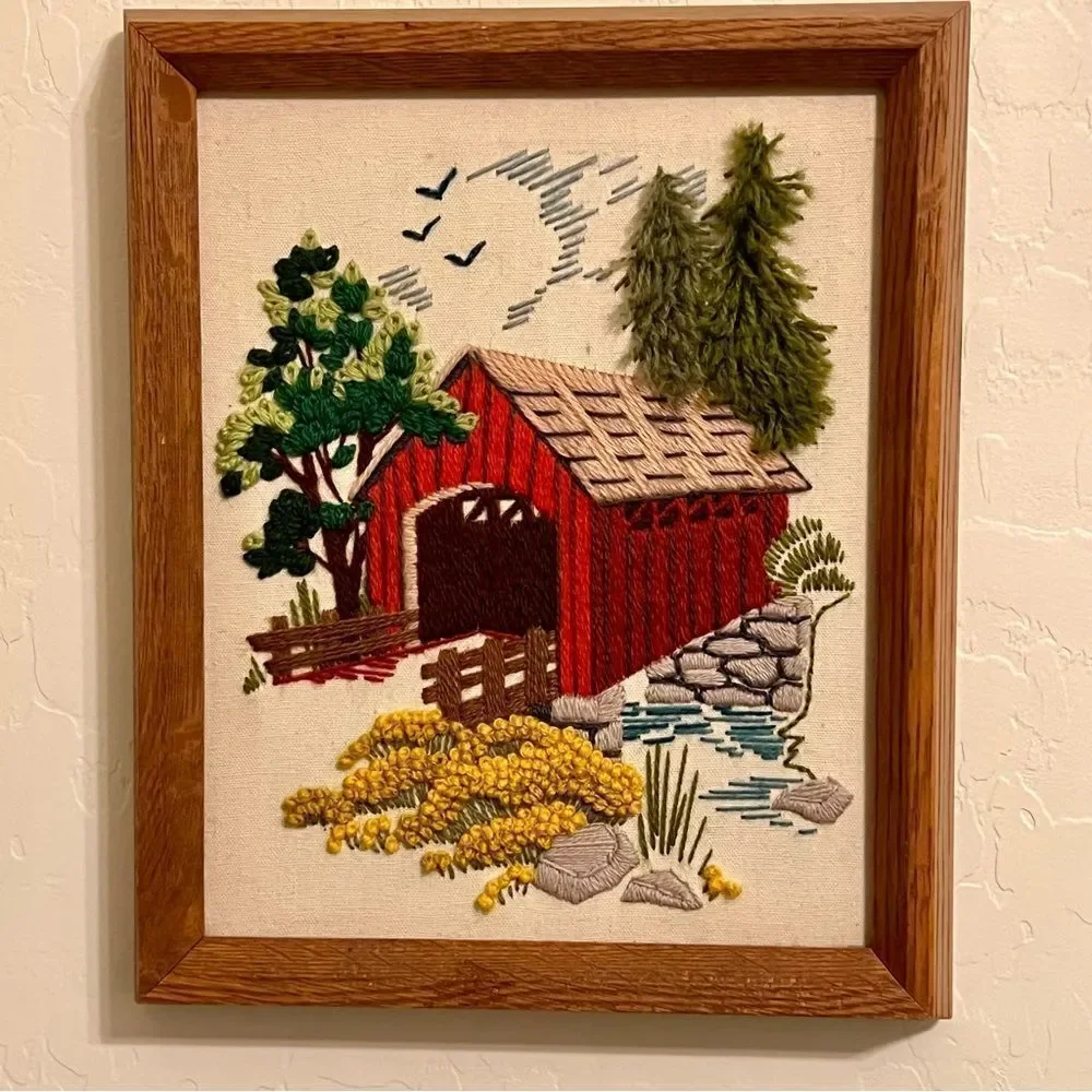 2 Set Pair 70s MCM Crewel Needlepoint Embroidered Tapestry Country Yarn Wall Art